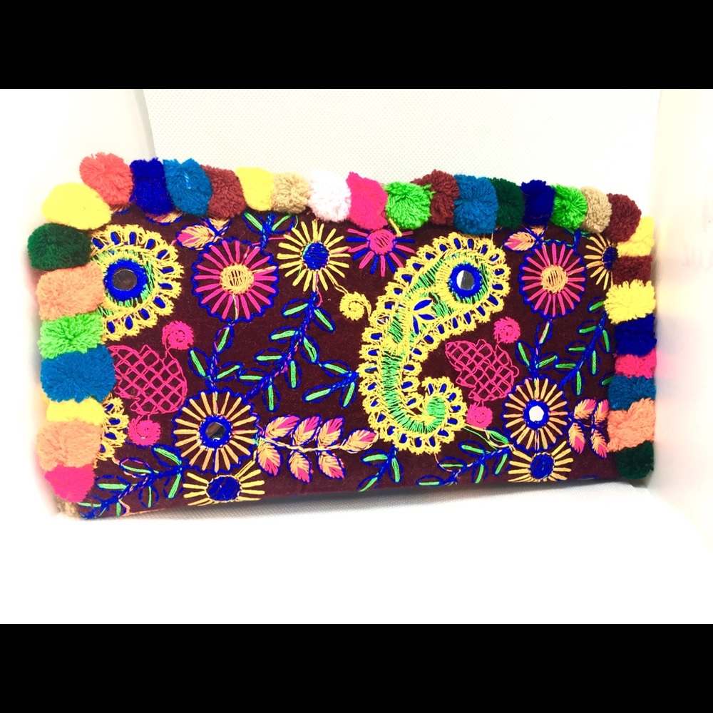 Handmade floral embroidered pom pom wallet clutch
